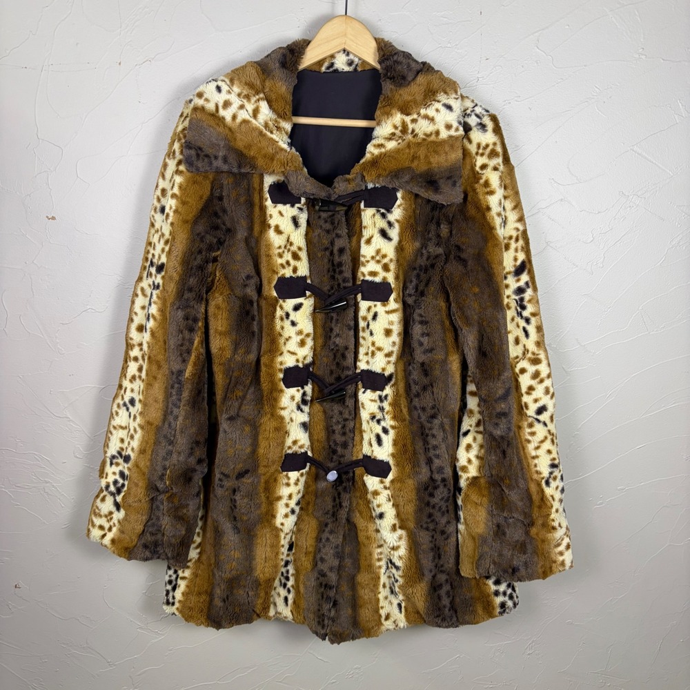 Vtg Dennis Basso Coat Brown Small Indie Sleaze Animal Print Faux Fur Toggle Boho